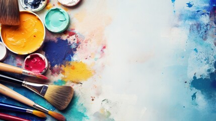 Fototapeta premium An overhead shot of art supplies including paintbrushes, colorful paint palettes, and vivid splashes of paint on a canvas, evoking creativity and artistic expression.