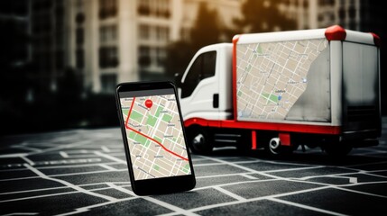 Smartphone displaying a map with a delivery truck in the background, representing modern logistics and navigation technology.