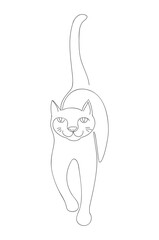 Funny cat is walking, his tail sticks out like a pipe. Vector illustration in the form of a single line isolated on a white background