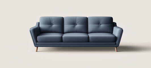 An elegant blue leather sofa with wooden legs, placed against a white background