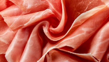 A mouthwatering close-up of prosciutto slices, their folds and textures creating a visually pleasing pattern.