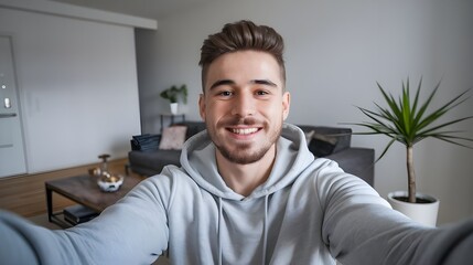 Fototapeta premium A young, handsome millennial man with short, dark hair and a beard.