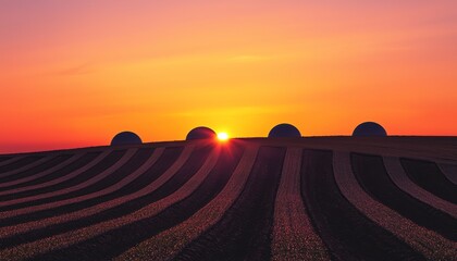 A rural landscape at dawn with biogas domes silhouetted against the sunrise, representing the quiet revolution of renewable energy in farming.