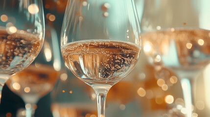 Close-up of sparkling champagne glasses with bubbles and warm bokeh background