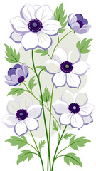 Elegant Anemone Flower Illustration - Stunning Floral Art with Vibrant Petals and Green Leaves, Ideal for Decor and Designs, Anemone Vector Illustration, Vector Flower Illustration
