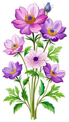 Elegant Purple Anemone Flower Illustration - Stunning Floral Art with Vibrant Petals and Green Leaves, Ideal for Decor and Designs, Anemone Vector Illustration, Vector Flower Illustration
