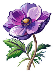 Elegant Purple Anemone Flower Illustration - Stunning Floral Art with Vibrant Petals and Green Leaves, Ideal for Decor and Designs, Anemone Vector Illustration, Vector Flower Illustration
