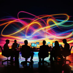 A bstract business meeting with people exchanging colorful ideas represented