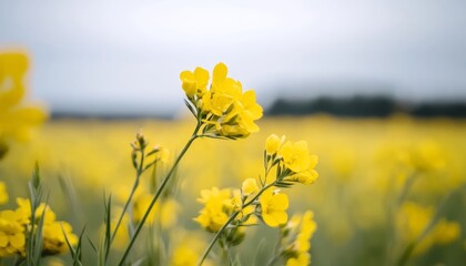 Obraz premium A sprawling GMO canola field under a clear sky, with healthy, vibrant plants thriving despite challenging environmental conditions, showcasing genetic advancements.