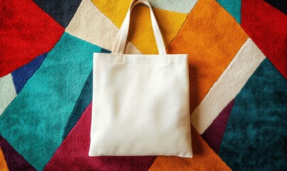 White tote bag on colorful patterned rug.