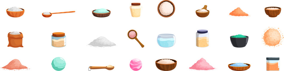 Spa sea salt icons set. Collection of various sea salt icons depicting different forms, containers, and applications of this versatile ingredient