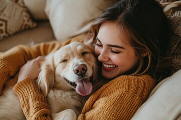 Obraz na płótnie Canvas Happy woman cuddling a golden retriever dog on a cozy couch, warm indoor setting The scene evokes feelings of love, companionship, and comfort in a home environment
