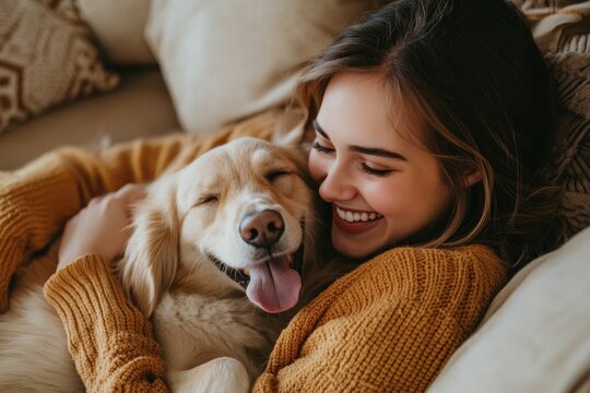 Happy woman cuddling a golden retriever dog on a cozy couch, warm indoor setting The scene evokes feelings of love, companionship, and comfort in a home environment