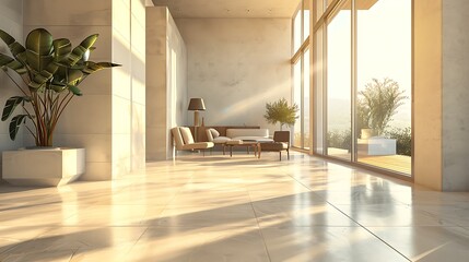A large, open room with a wide and airy design, featuring modern furnishings, clean lines, and a bright, uncluttered space, rendered in realistic detail