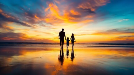 Fototapeta premium Silhouettes of a couple hand in hand, strolling along the beach with a radiant sunset painting the horizon