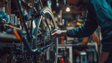 A bicycle mechanic focuses on adjusting the brake cables of a racing bike amidst a cluttered workshop filled with tools and equipment