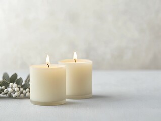 Elegant Duo of Candles on a Minimalistic White Background, Showcasing Soft Light and Serenity for a Calming Atmosphere