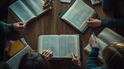 A group of friends actively discusses their thoughts and insights while surrounded by open Bibles and notebooks on a wooden table during a study session