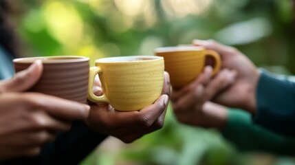 Several hands of different skin tones grasp colorful coffee cups, showcasing unique designs while surrounded by a vibrant, natural backdrop
