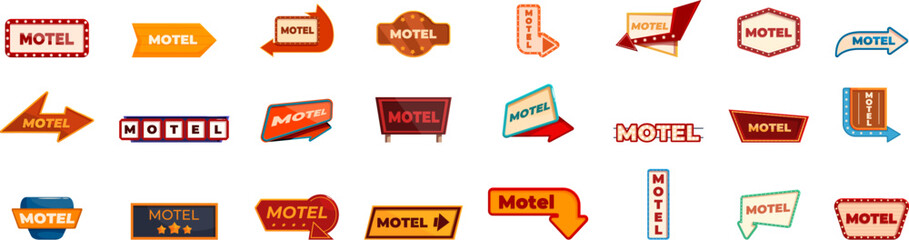 Motel signboard icons set. This set features various motel signs, perfect for projects related to road trips, accommodations, and travel