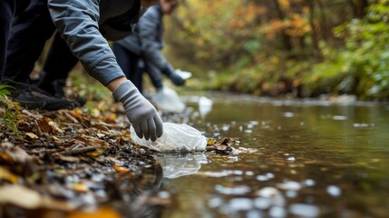 A group of volunteers dedicates their time to collect litter along a riverbank, wearing gloves while focusing on removing debris. The vibrant autumn colors create a picturesque backdrop