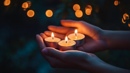 Two hands gently cradle small candles that flicker in the evening light, creating a soothing ambiance as the background fades into darkness