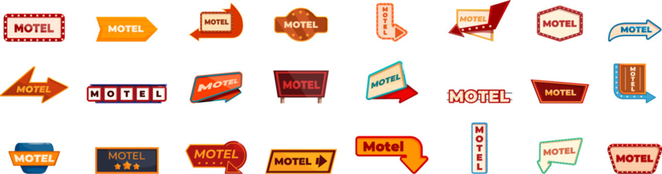 Motel signboard icons set. This set features various motel signs, perfect for projects related to road trips, accommodations, and travel