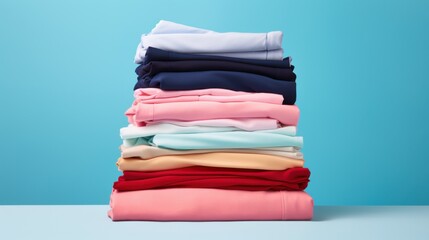 A neatly folded stack of colorful, casual clothes against a bright blue background, showcasing a vibrant and organized fashion display.