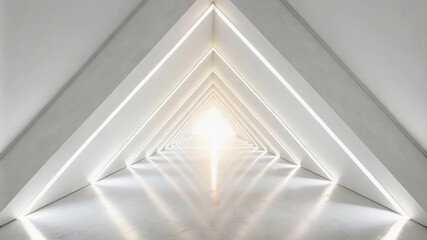 Obraz premium Empty Long Light Corridor. Modern white background. Futuristic Sci-Fi Triangle Tunnel. 3D Rendering. Geometric Triangle Tunnel Design