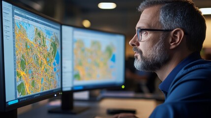 In a sleek modern office, a transport planner closely examines digital route maps on dual screens, deeply focused on optimizing urban transportation strategies