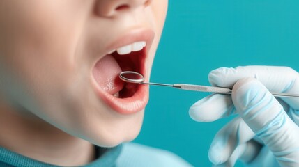 Close-up of a child with open mouth during a dental examination by a dentist using a dental mirror on a turquoise background.