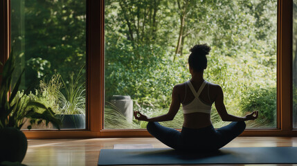 Black Woman Meditating Indoors with Nature View, Surrounded by Plants