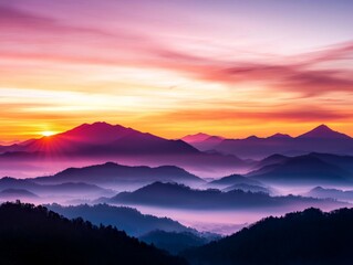 Fototapeta premium Sunrise over a serene mountain landscape, the sky painted in soft pinks and oranges as the first light touches the peaks
