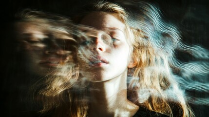 A young woman appears lost in thought, her features distorted by swirling effects suggesting hallucination and dizziness, creating a captivating visual experience