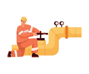 Oil Industry Man Worker Character Stand in Uniform at Pipeline Vector Illustration