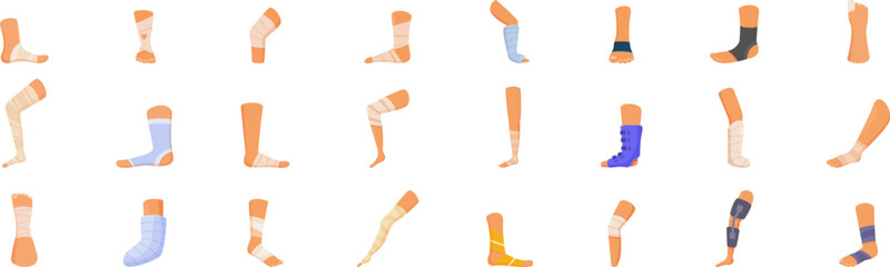 Foot bandage icons set. Collection of injured legs, showcasing various types of bandages, casts, and orthopedic equipment used for treatment and support