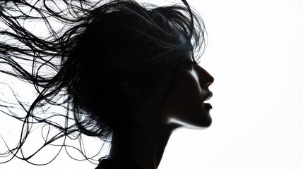 Naklejka premium A striking silhouette features a woman’s profile highlighted by strands of hair cascading against a vibrant white backdrop, showcasing elegance and movement