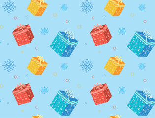 Flying 3d gift boxes with decor, vector illustration, seamless pattern on blue background