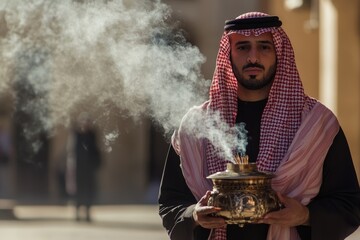 A Man in Traditional Arab Clothing Holding an Incense Burner