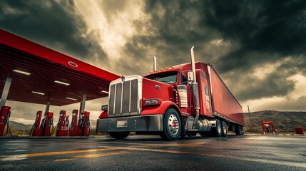 A towering red semi truck rests at a gas station, capturing attention with its bold presence. Dramatic clouds loom overhead, enhancing the atmosphere