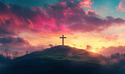 Fototapeta premium A cross on the hill with a sunset sky background, an Easter concept
