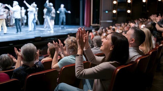 A woman in the audience of a theater. She is clapping her hands and cheering. She is sitting together with other people, who are also enjoying the performance.