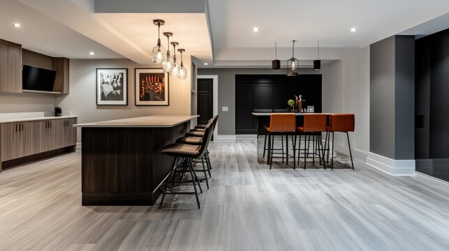 A contemporary finished basement showcases a cozy home theater area and a chic bar, designed with light grey vinyl flooring and stylish lighting fixtures for a welcoming atmosphere