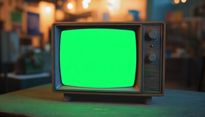 Vintage TV with Green Screen in Cozy Room on Wooden Table