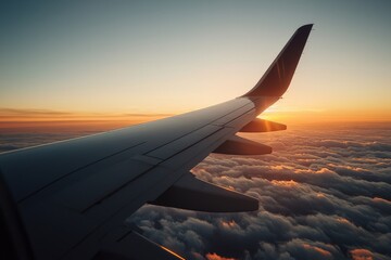 The wing of an airplane viewed from a window, with a clear sky and distant clouds below, evoking the excitement of travel