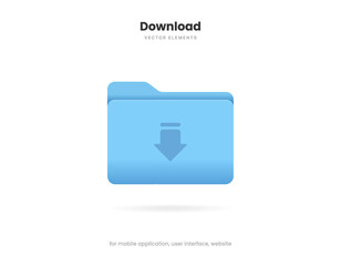 3d download icon button. Folder icon. Upload icon. Down arrow bottom side symbol. Click here button. Save cloud icon push button for UI UX, website, mobile application.