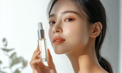 Young woman holding a glass bottle of oil.