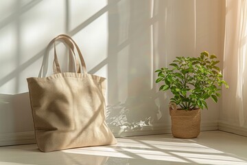 Beige textile tote bag standing near potted plant with sunlight from window
