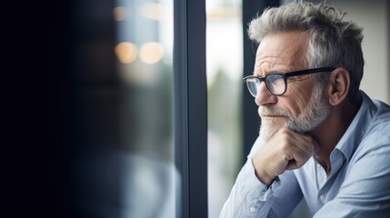 A contemplative older man with glasses gazes out of a window, deep in thought, illuminated by soft natural light in a minimalist setting.
