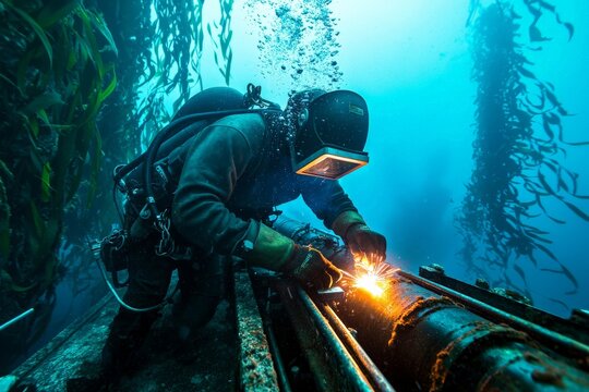 Underwater welder battling strong currents while working on a deep-sea turbine, with a dramatic backdrop of towering underwater cliffs and swaying kelp forests